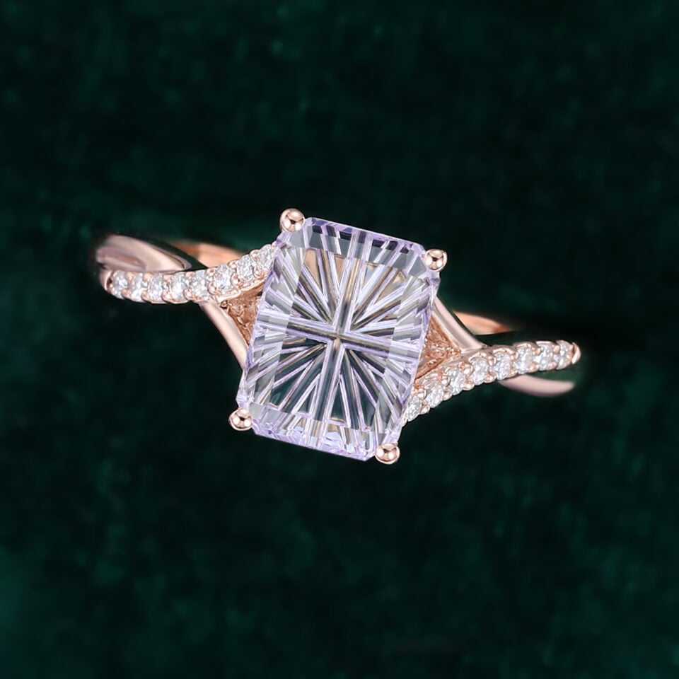 Emerald Fantasy Cut Lavender Haze YAG Engagement Ring with Asymmetrical Pavé Braid Band (6)
