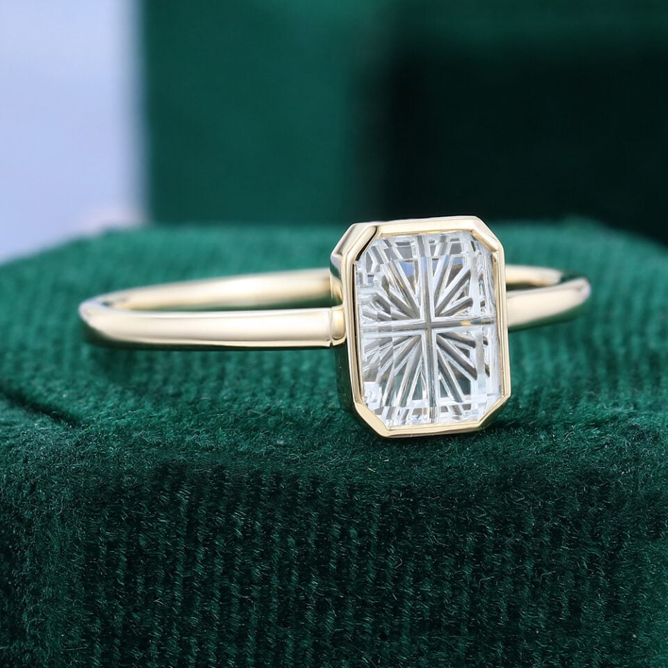 Emerald Fantasy Cut Moissanite Bezel Solitaire Engagement Ring (2)