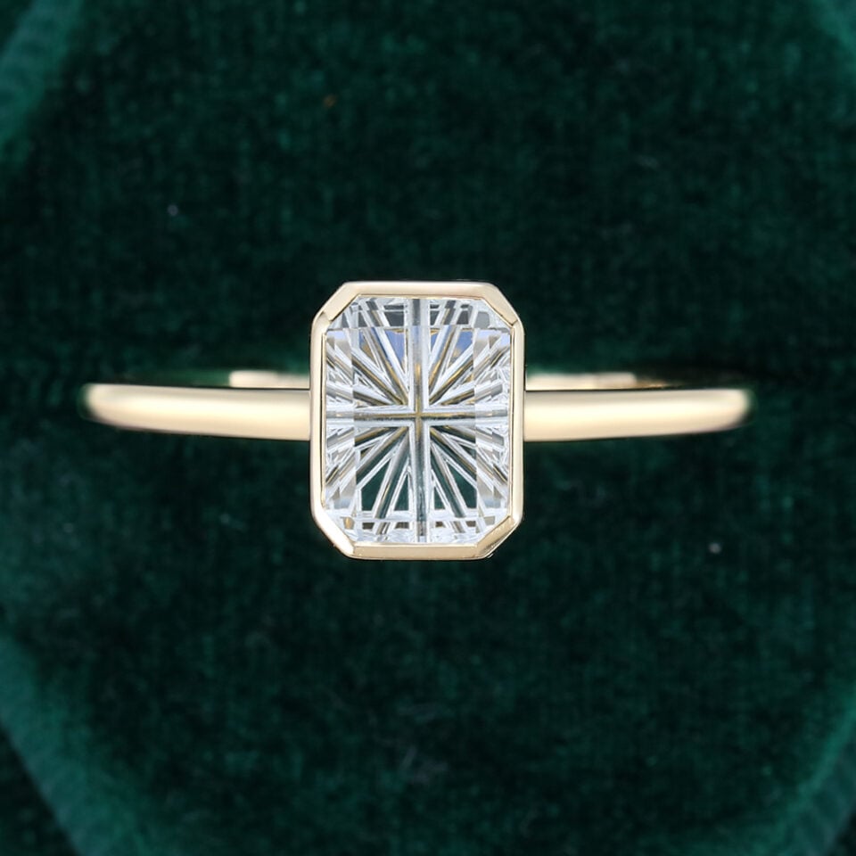 Emerald Fantasy Cut Moissanite Bezel Solitaire Engagement Ring (3)