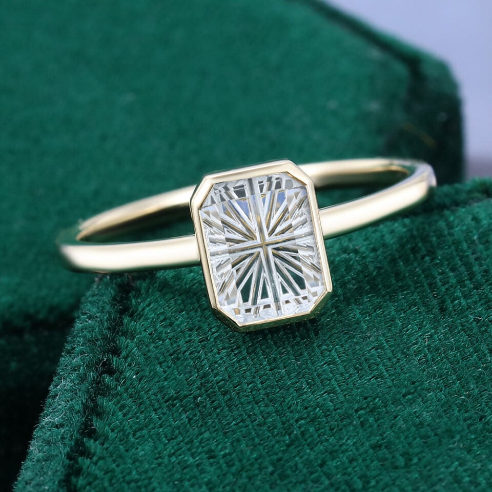 Emerald Fantasy Cut Moissanite Bezel Solitaire Engagement Ring (4)
