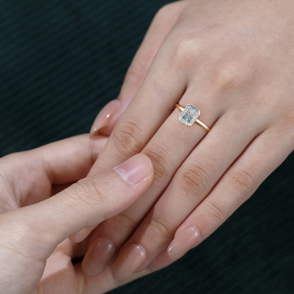 Emerald Fantasy Cut Moissanite Bezel Solitaire Engagement Ring (5)