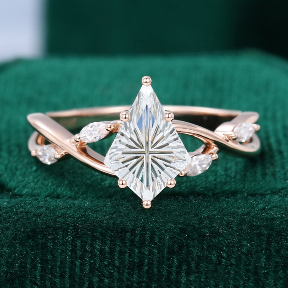 Eternal Embrace | Fantasy Cut Kite Shaped Moissanite Engagement Ring with Marquise Accented Split Shank