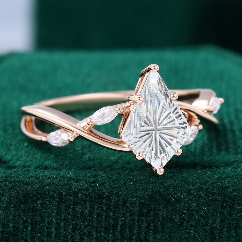 Eternal Embrace Kite Fantasy Cut Moissanite Engagement Ring with Marquise Accented Split Shank (6)