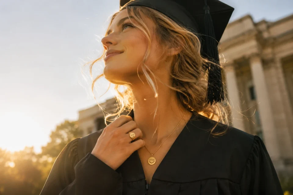 Female graduate in Class of 2026 cap and gown wearing a personalized gold signet ring and engraved necklace as modern class ring alternatives.