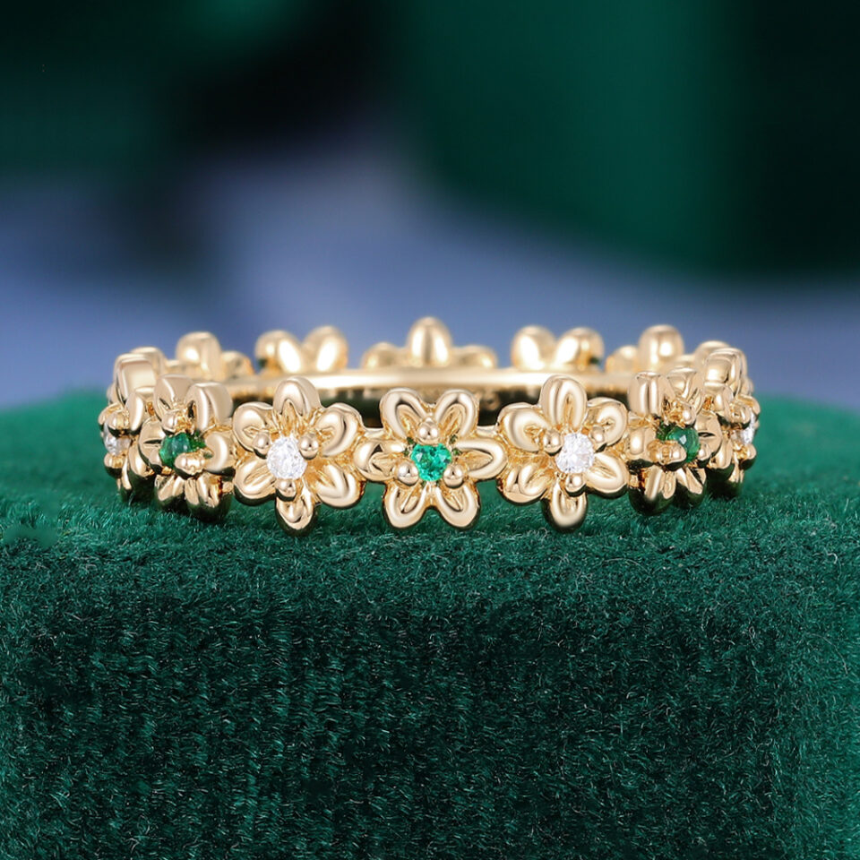 Floral Inspired Pink Sapphire & Emerald Couple's Ring Set (1)