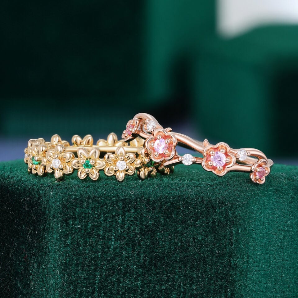 Unique Pink Sapphire & Emerald Couple's Rings for Women Floral Inspired Matching Rings
