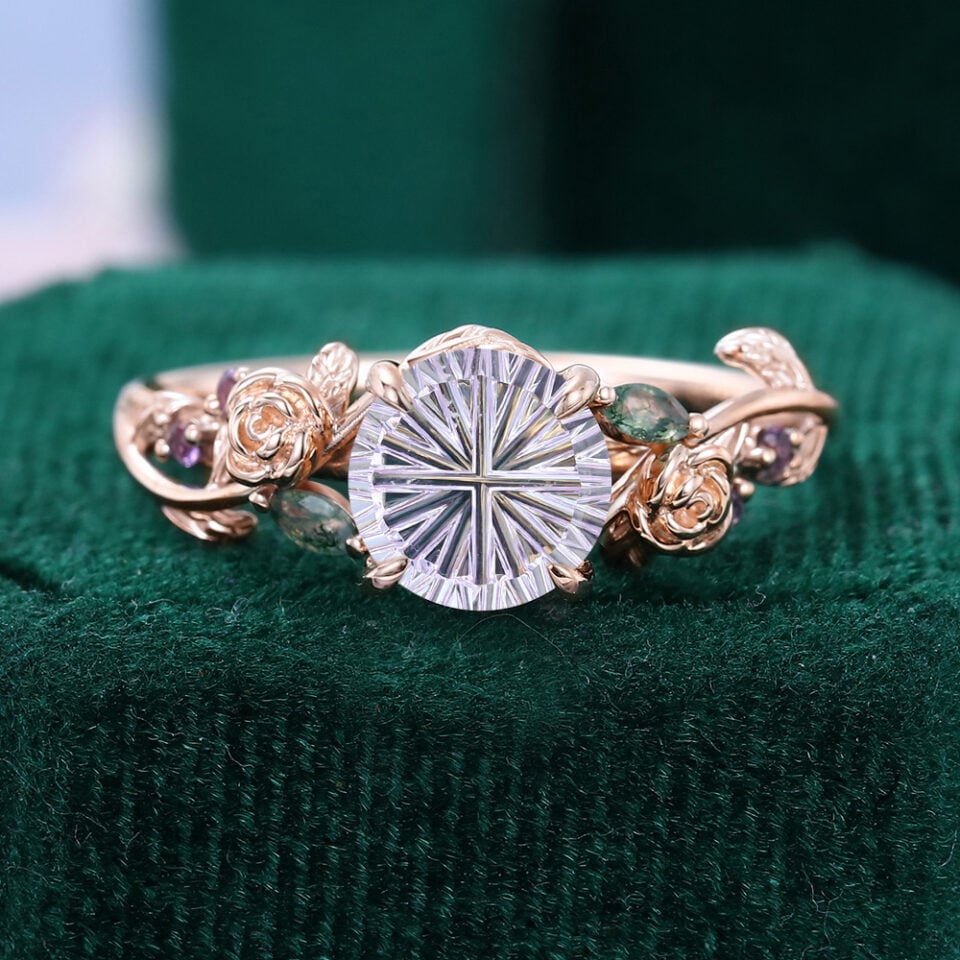 Fantasy Cut Round Shaped Lavender Haze YAG Floral Inspired Engagement Ring with Rose Accents
