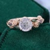 Floral inspired round fantasy cut lavender haze yag engagement ring with rose accents