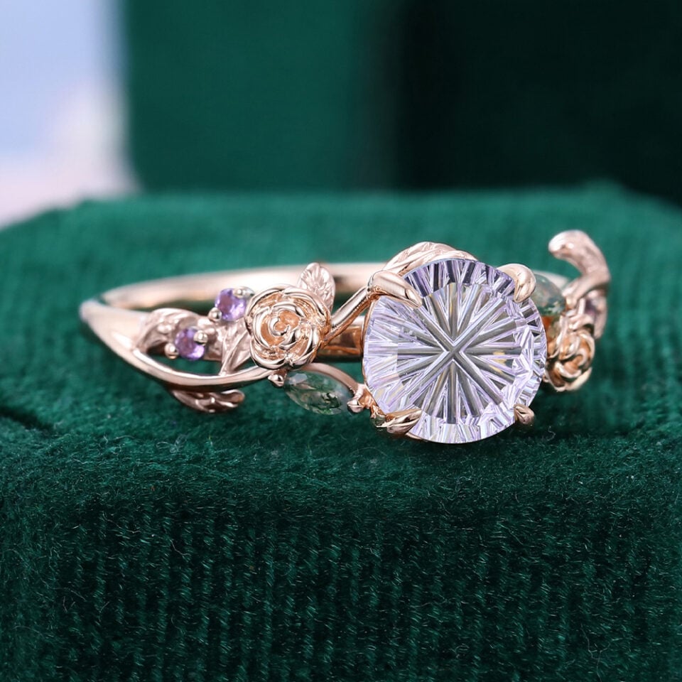 Floral Inspired Round Fantasy Cut Lavender Haze YAG Engagement Ring with Rose Accents (4)