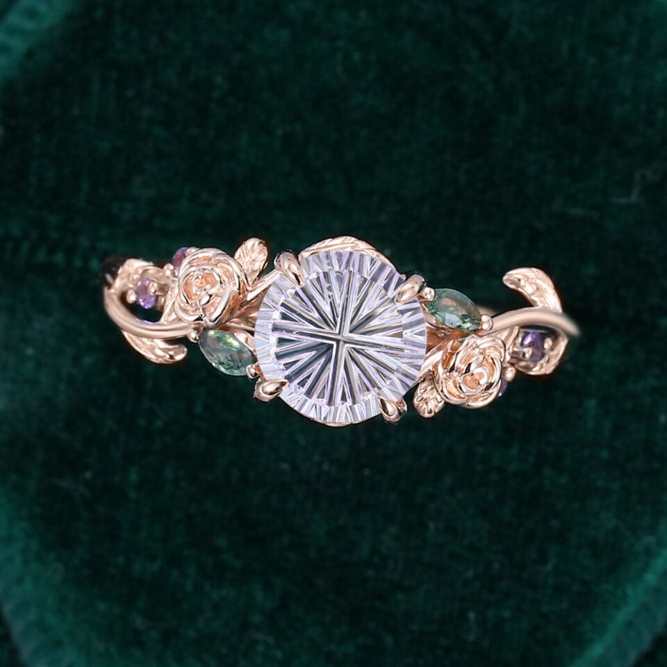 Floral Inspired Round Fantasy Cut Lavender Haze YAG Engagement Ring with Rose Accents (6)
