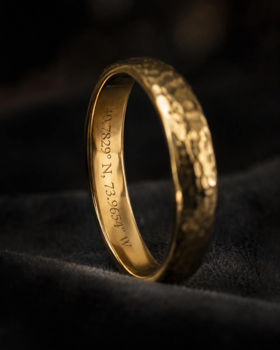 Hammered gold wedding band with interior GPS coordinates engraving on dark velvet