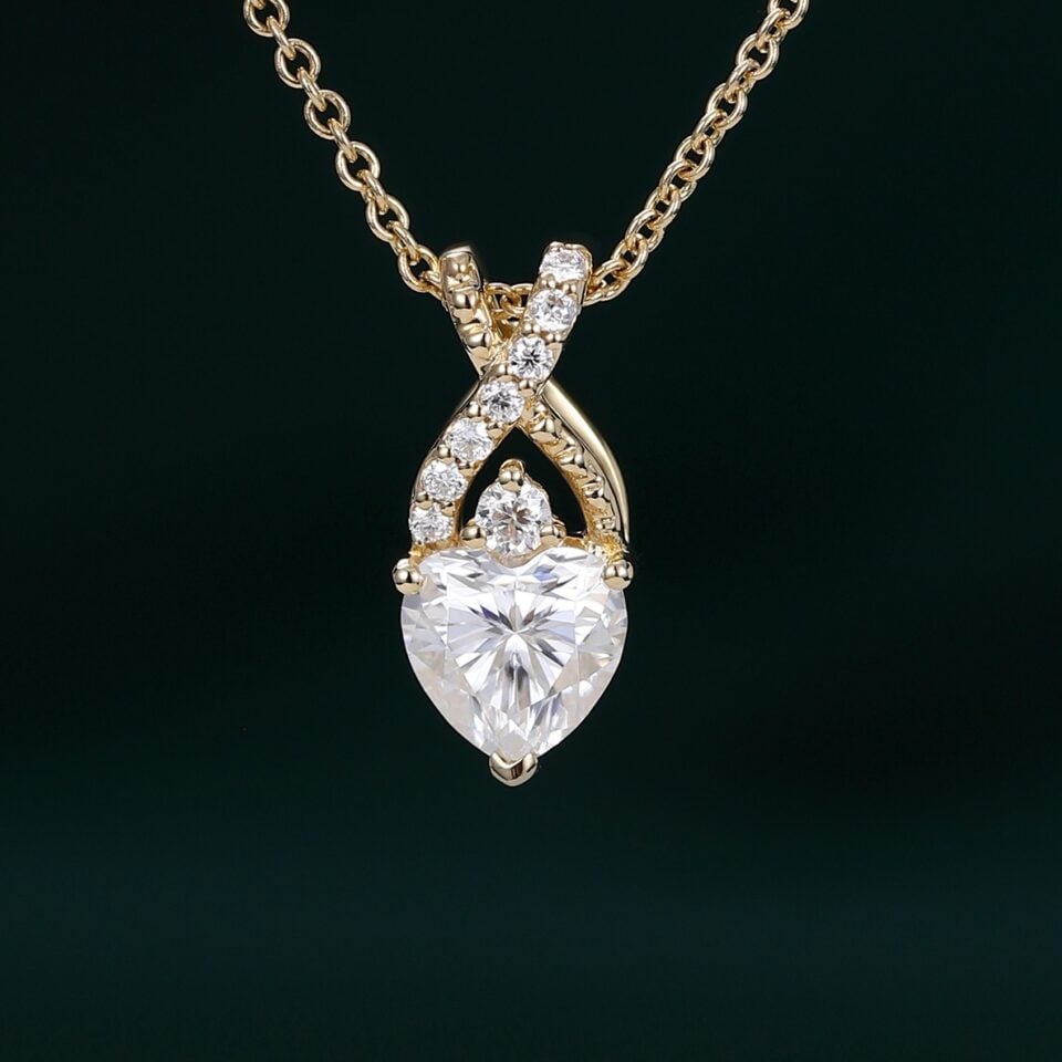 Heart Cut Moissanite Pendant Necklace with Criss Cross Diamond Accents