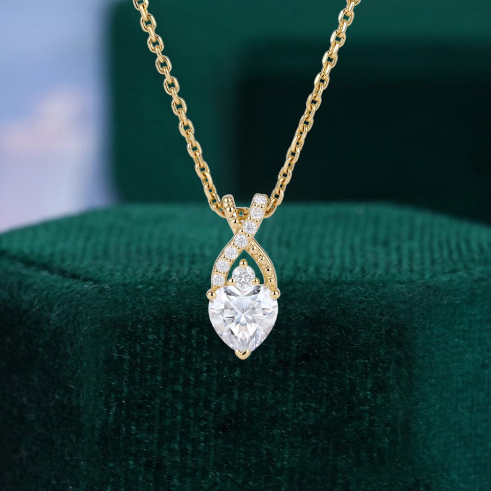 Heart Cut Moissanite Pendant Necklace with Criss Cross Diamond Accents