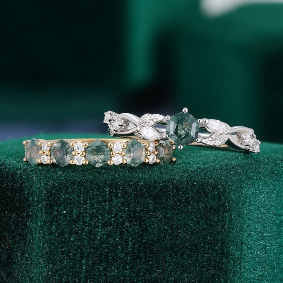 Hexagon Cut Moss Agate Couple's Rings for Women Nature Inspired Matching Rings