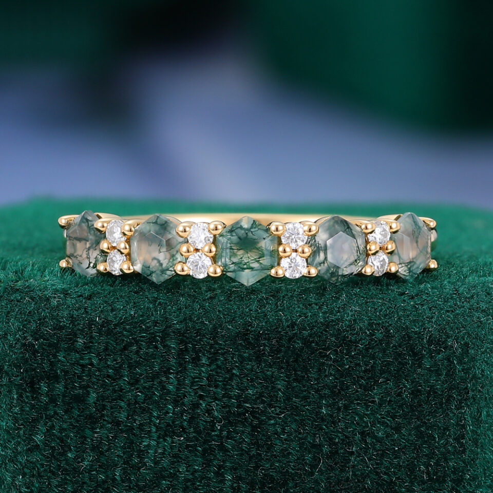 Hexagon Cut Moss Agate Couple's Ring Set