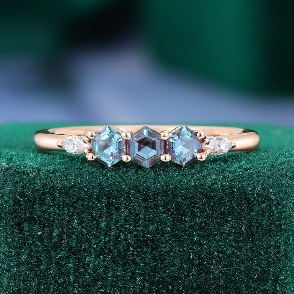 Hexagon & Kite Cut Alexandrite Couple's Ring Set (2)