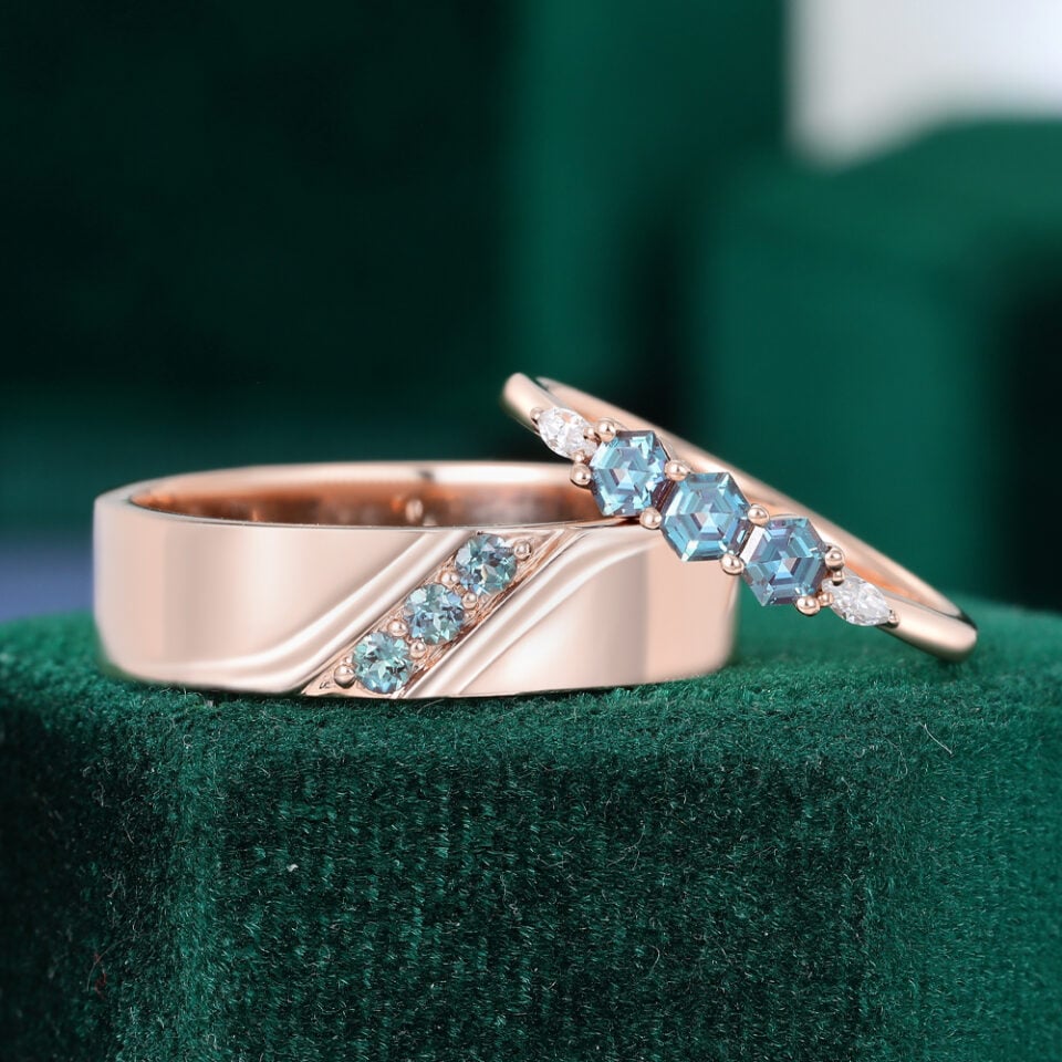 Hexagon & Round Cut Alexandrite Couple's Rings Minimalist Matching Rings