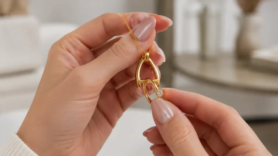 How to secure a diamond engagement ring onto a 14k gold wishbone ring holder necklace