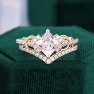 Princess Cut Pink Sapphire Engagement Ring Infinity Bridal Ring Sets