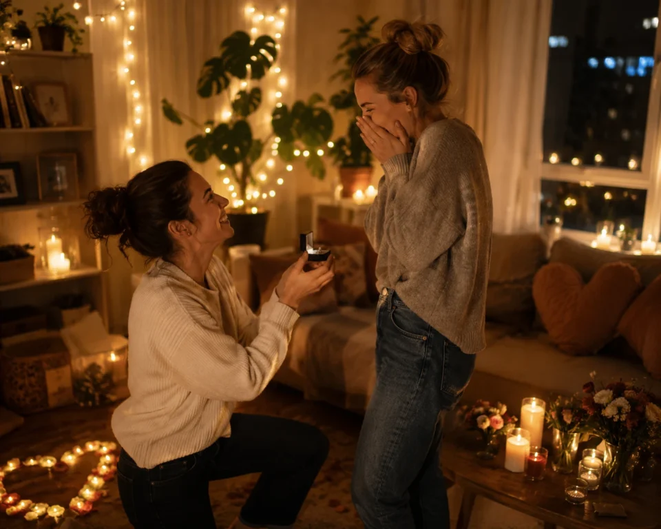 Intimate indoor lesbian proposal with candles and fairy lights in a cozy living room