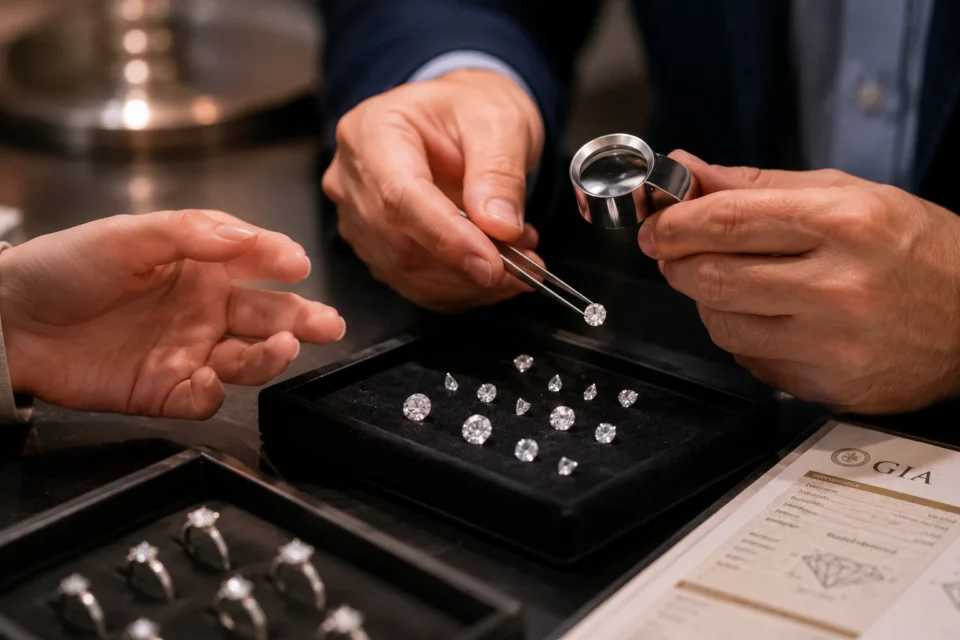 Jeweler sourcing and inspecting loose diamonds for a custom engagement ring