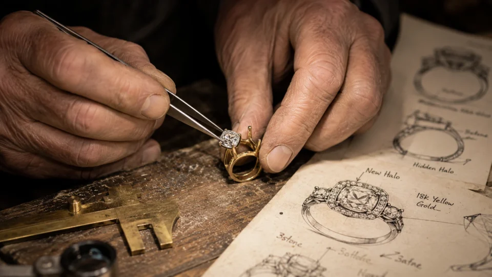 Jeweler unsetting a gemstone from an old wedding ring for an anniversary redesign project