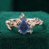 Fantasy Cut Kite Shaped Lab Alexandrite Engagement Ring Nature Inspired Moss Agate Leaf Bridal Ring
