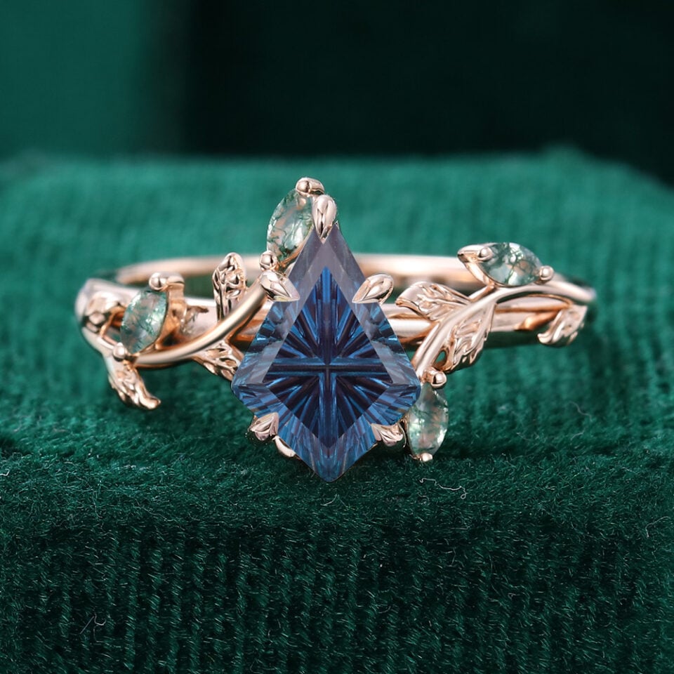 Fantasy Cut Kite Shaped Lab Alexandrite Engagement Ring Nature Inspired Moss Agate Leaf Bridal Ring