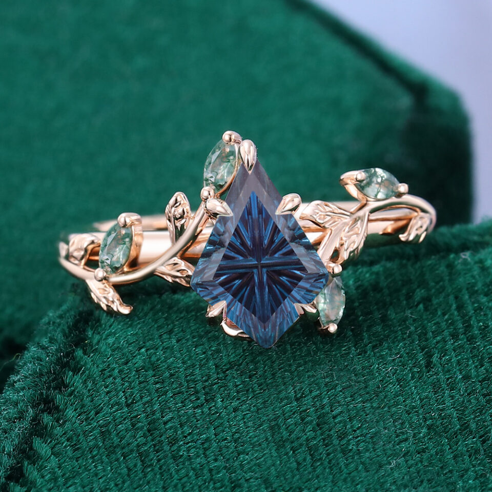 Kite Fantasy Cut Lab Alexandrite Engagement Ring Nature Inspired Moss Agate Leaf Bridal Ring (3)