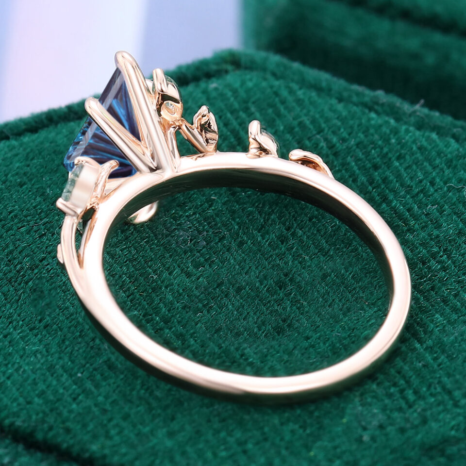 Kite Fantasy Cut Lab Alexandrite Engagement Ring Nature Inspired Moss Agate Leaf Bridal Ring (4)