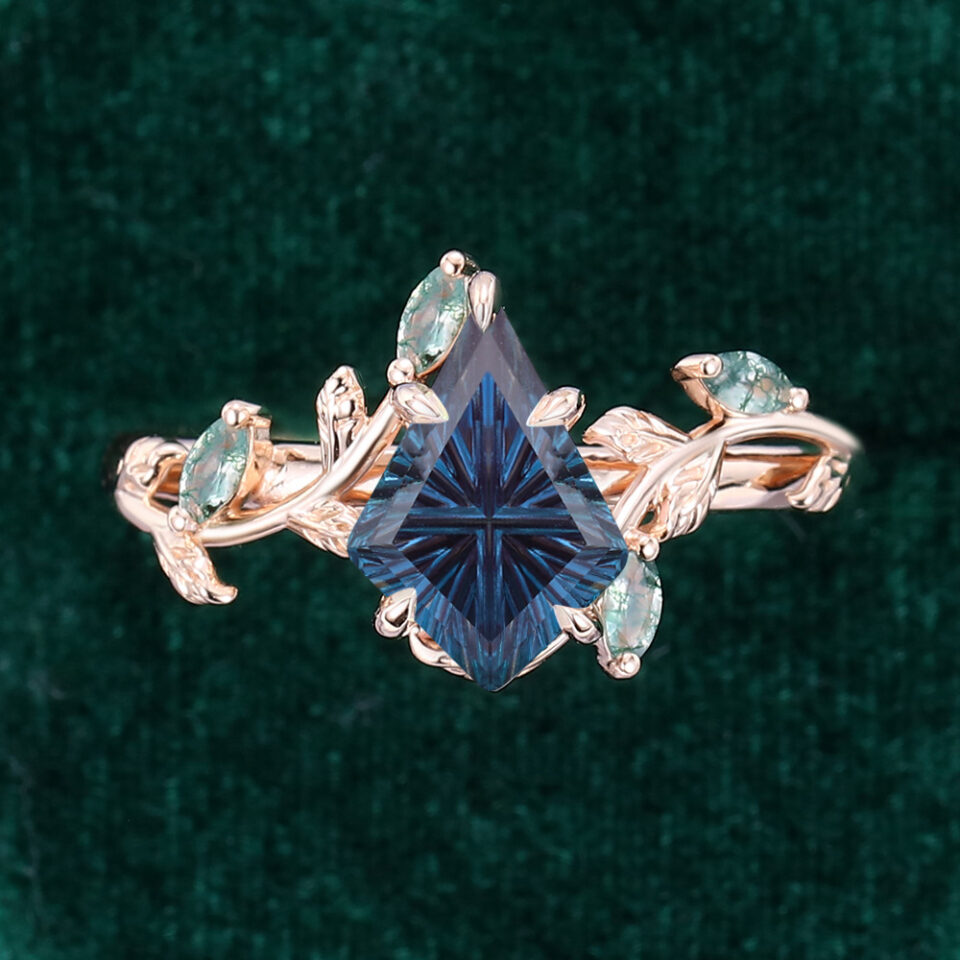 Kite Fantasy Cut Lab Alexandrite Engagement Ring Nature Inspired Moss Agate Leaf Bridal Ring (6)