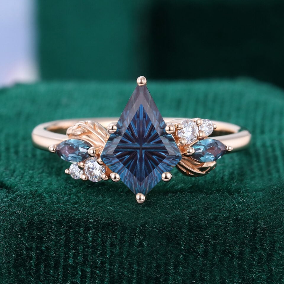 Fantasy Cut Kite Shaped Lab Alexandrite Engagement Ring Nature Inspired Cluster Ring