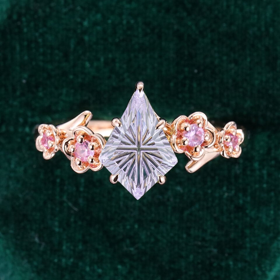 Kite Fantasy Cut Lavender Haze YAG Cherry Blossom Band Romantic Cottagecore Engagement Ring (2)