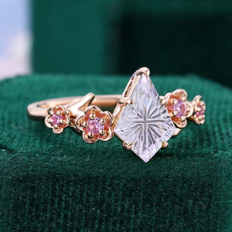 Kite Fantasy Cut Lavender Haze YAG Cherry Blossom Band Romantic Cottagecore Engagement Ring (4)