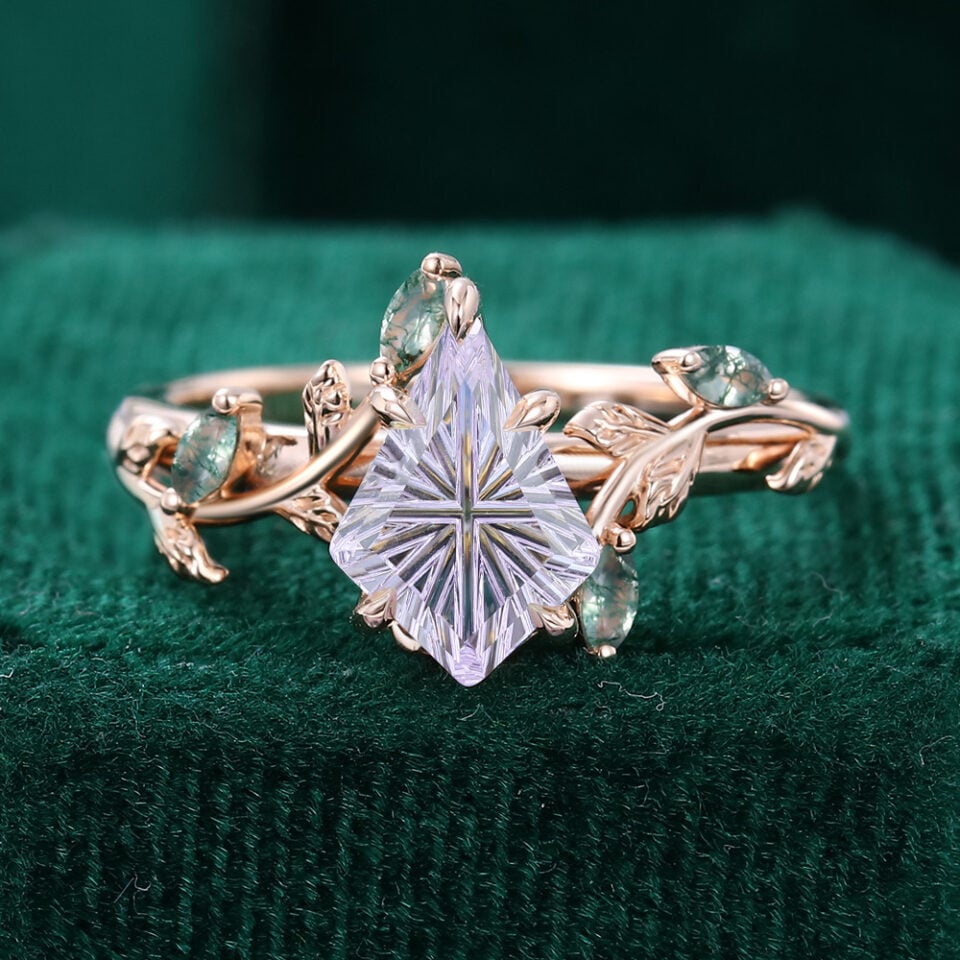 Fantasy Cut Kite Shaped Lavender Haze YAG Engagement Ring Nature Inspired Moss Agate Leaf Bridal Ring