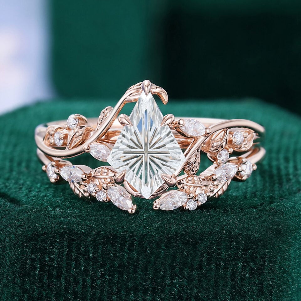 Fantasy Cut Kite Shaped Moissanite Bridal Ring Set Nature Inspired Leaf Ring Set