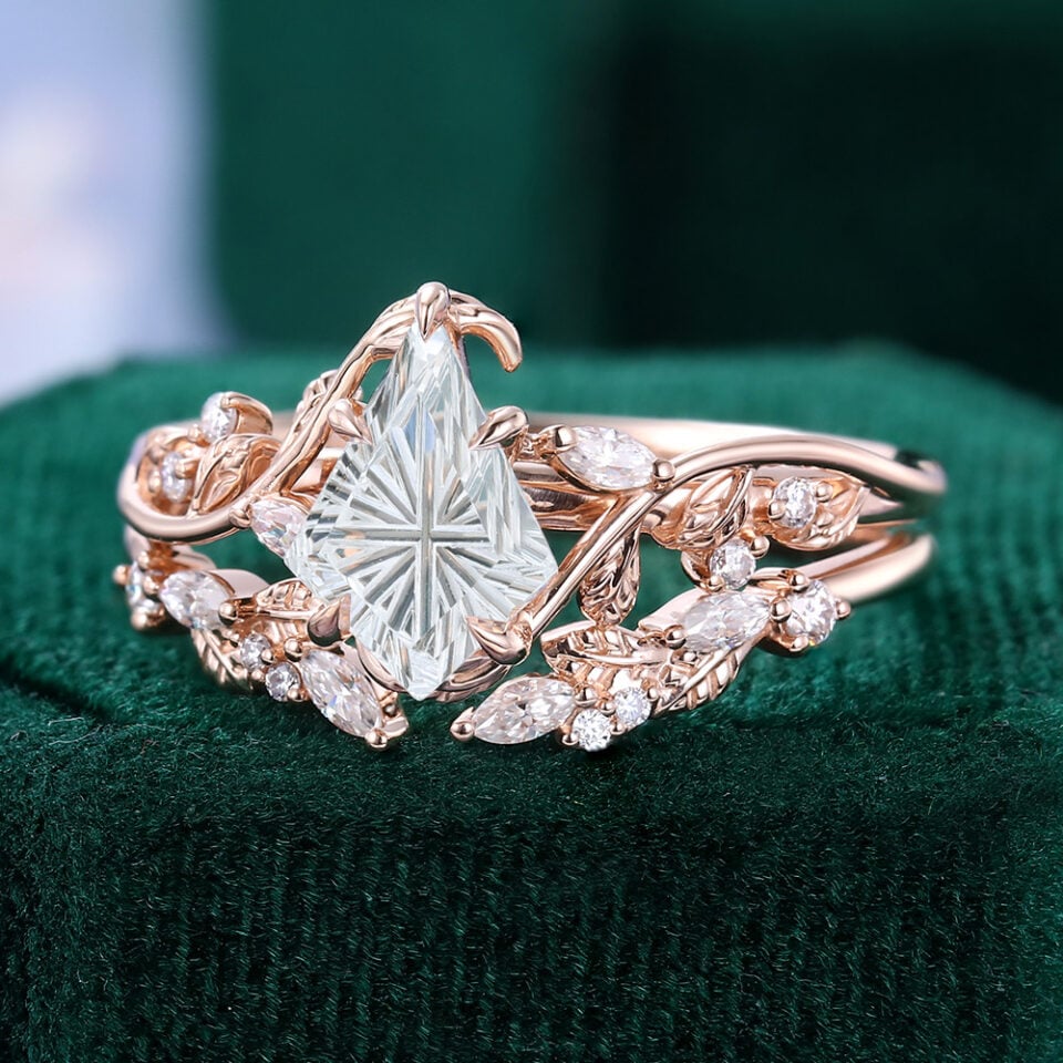 Kite fantasy cut moissanite bridal ring set nature inspired leaf ring set