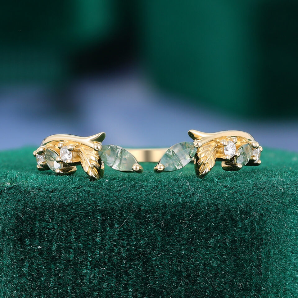Leaf Design Moss Agate Open Curved Couple's Ring Set (1)