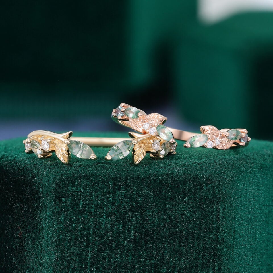 Leaf Design Moss Agate Open Curved Couple's Rings for Women Nature Inspired Matching Rings