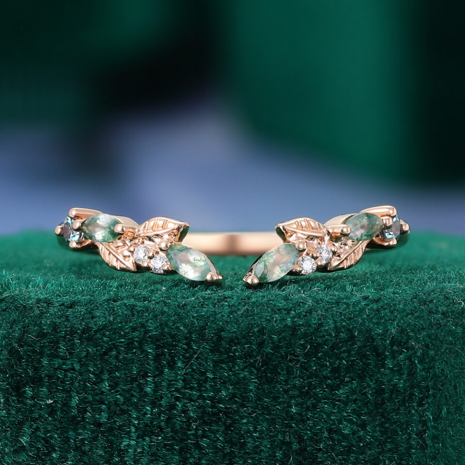 Leaf Design Moss Agate Open Curved Couple's Ring Set (5)