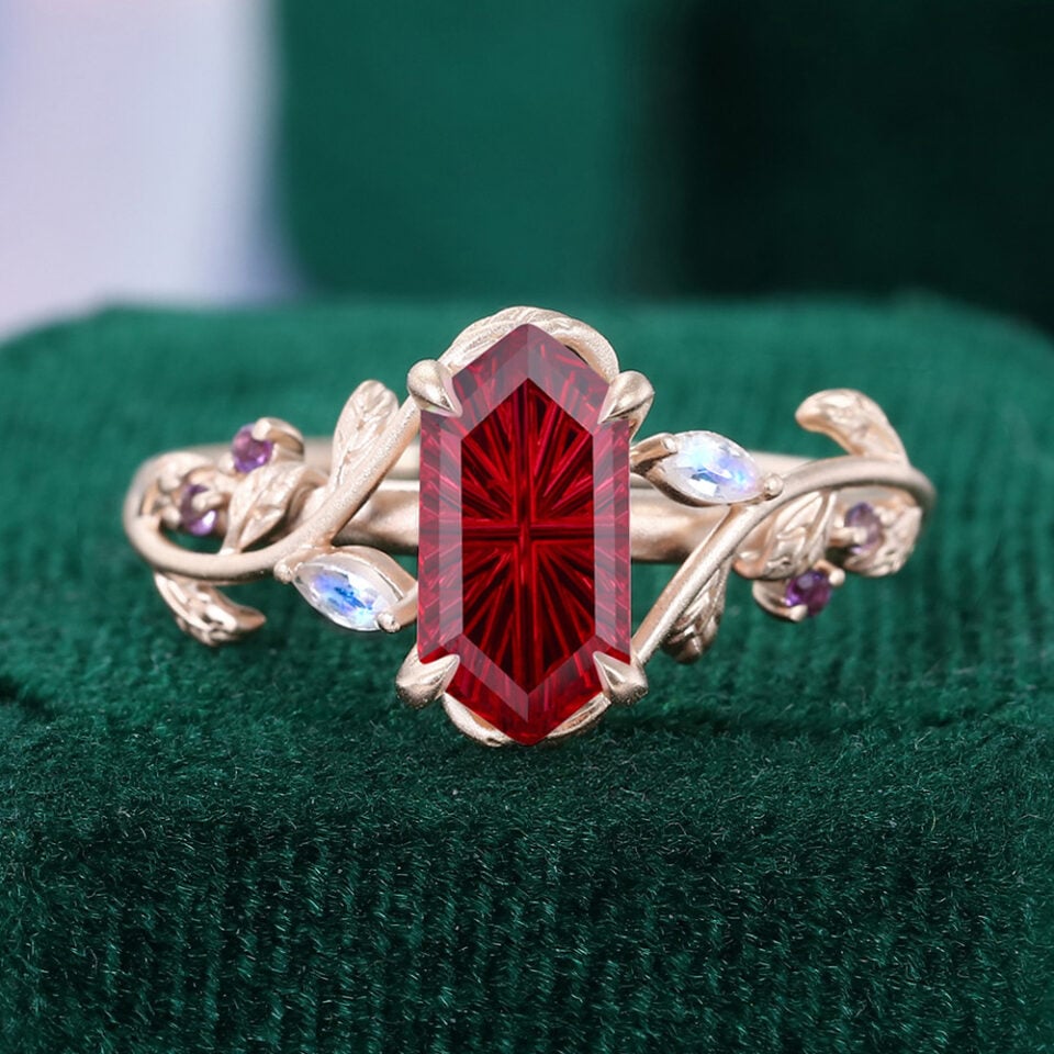 LeafLace | Fantasy Cut Hexagonal Shaped Lab Ruby Engagement Ring with Moonstone & Amethyst Accents
