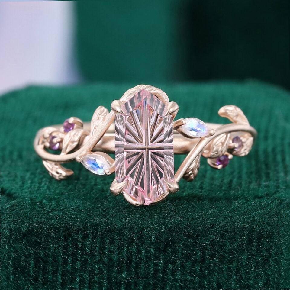 LeafLace | Fantasy Cut Hexagonal Shaped Lab Pink Sapphire Promise Ring with Moonstone & Amethyst Accents