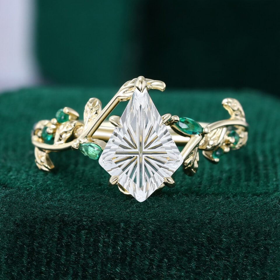 LeafLace | Fantasy Cut Kite Shaped Moissanite Engagement Ring with Emerald Accents