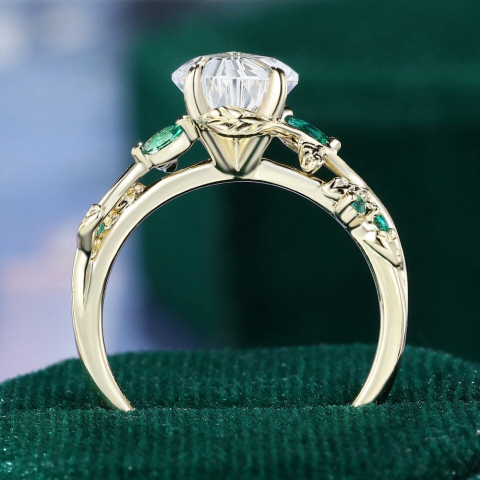 LeafLace Kite Fantasy Cut Moissanite Promise Ring with Emerald Accents Engagement Ring (2)