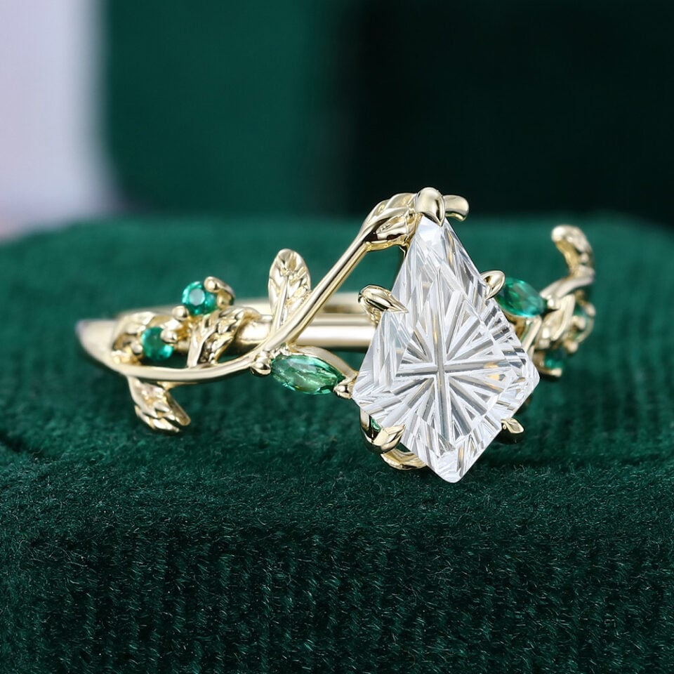 LeafLace Kite Fantasy Cut Moissanite Promise Ring with Emerald Accents Engagement Ring (3)