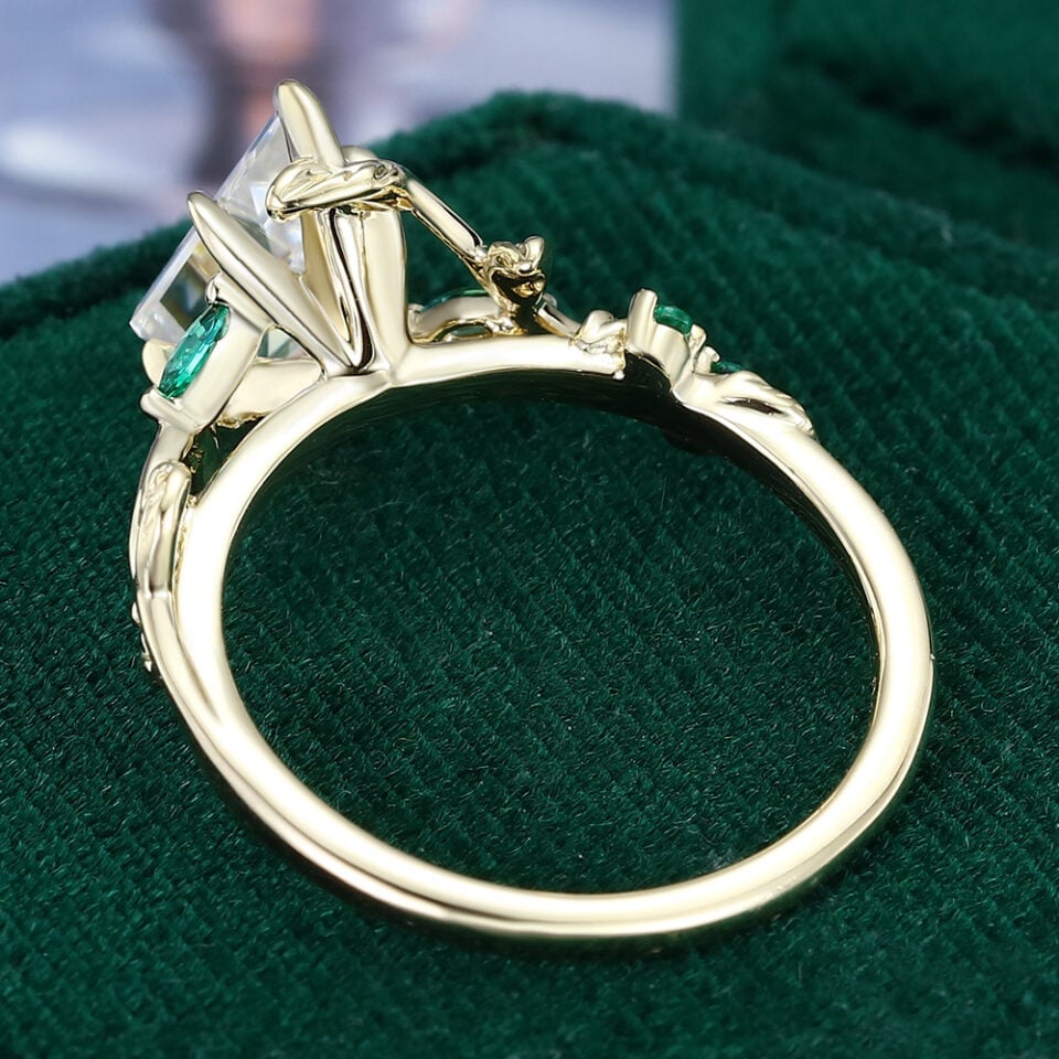 LeafLace Kite Fantasy Cut Moissanite Promise Ring with Emerald Accents Engagement Ring (6)