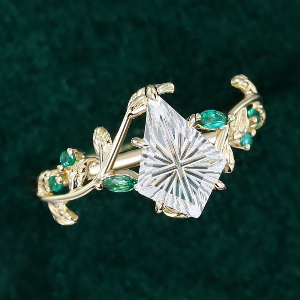 LeafLace Kite Fantasy Cut Moissanite Promise Ring with Emerald Accents Engagement Ring (7)