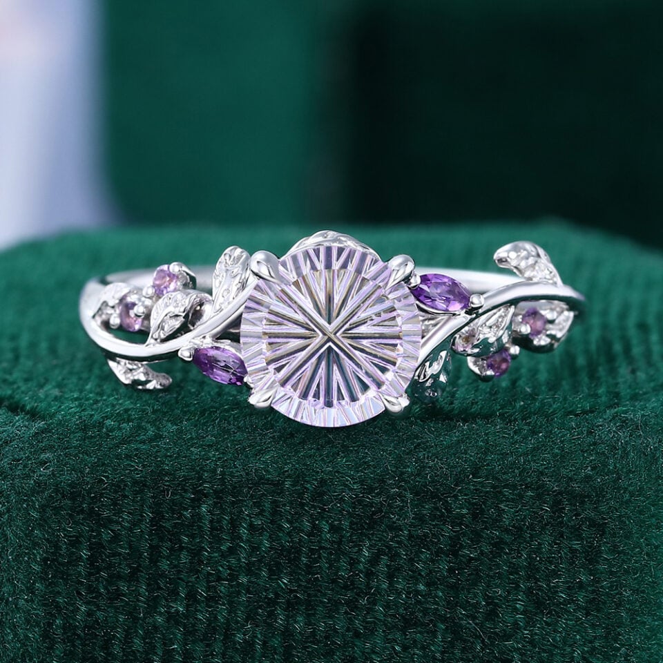 LeafLace | Fantasy Cut Round Shaped Lavender Haze YAG Ring Nature Inspired Leaf Promise Ring