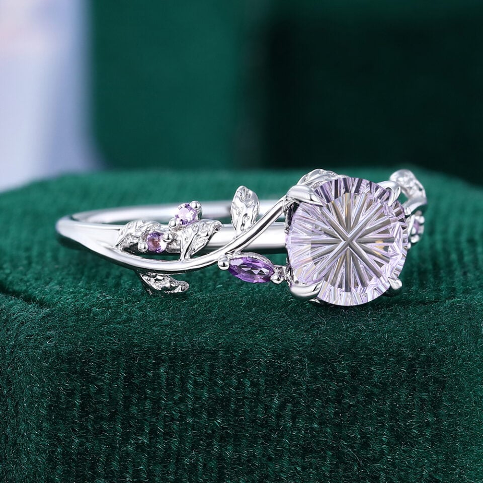 LeafLace Round Fantasy Cut Lavender Haze YAG Engagement Ring Nature Themed Promise Ring (2)