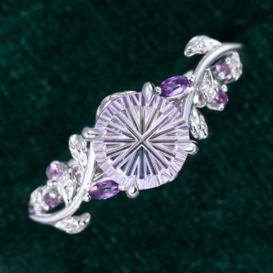 LeafLace Round Fantasy Cut Lavender Haze YAG Engagement Ring Nature Themed Promise Ring (5)
